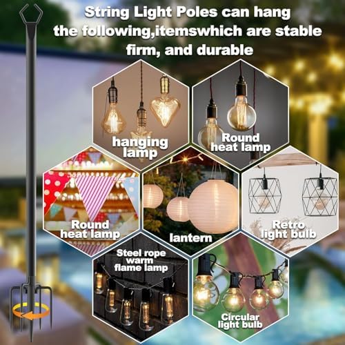 4 Pack 10 ft Heavy Duty Metal String Light Poles Adjustable Outdoor Lighting Stand for Patio,Backyard,Garden,Party & Wedding Rustproof & Sturdy with Hooks - Image 3