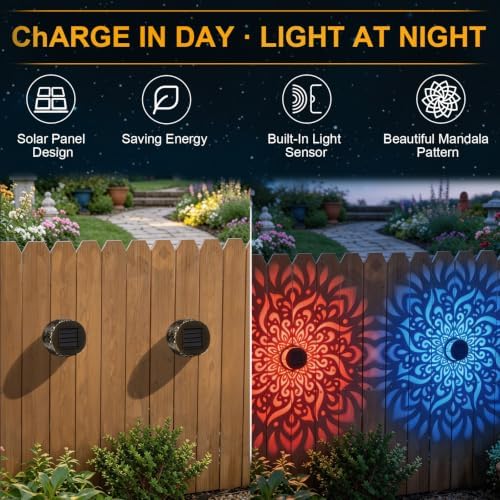 2PCS Seven-Color Changing Solar Mandala Projection Wall Light, Metal Mandala Projection Wall Light, Solar Powered Waterproof Color Changing Light for Yard Art Porch Patio Backyard Decor - Image 3
