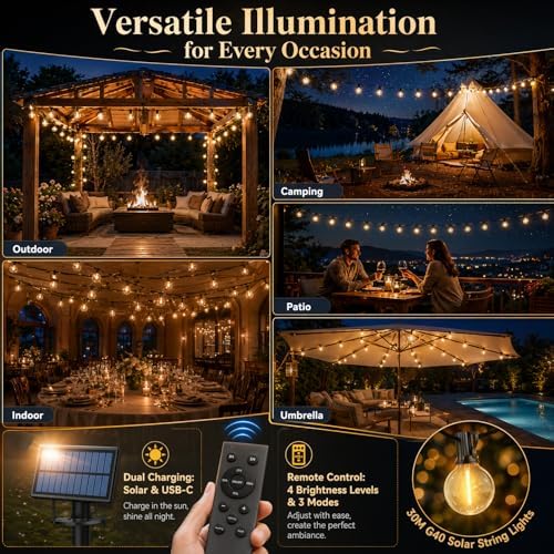 100FT Solar String Lights Outdoor Waterproof, G40 Patio Lights Shatterproof Bulbs with Remote Control, Dimmable Timer 3 Lighting Modes for Porch, Yard, Backyard, Garden, Camping Decor - Image 5