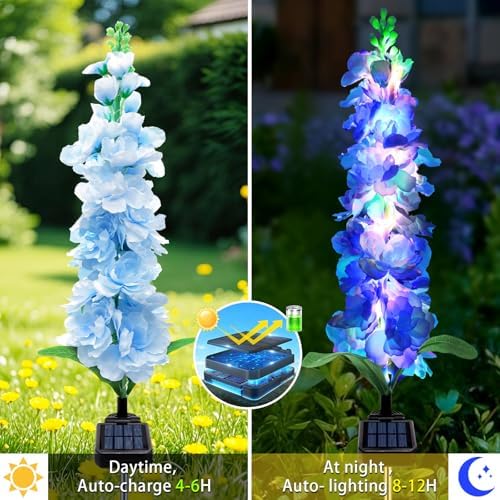 MRHEPHAESTUS Solar Garden Lights, Solar Blue Delphinium Flowers Lights 4 Pack 80 LEDs, Waterproof Outdoor Light Two Lighting Modes for Outside Wedding Party Garden Yard Patio Lawn Decor - Image 4