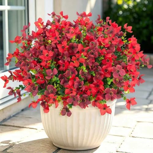Artificial Faux Plants Flowers Outdoor Spring Summer Decoration, 12 Bundles Fake Silk Colorful Daisy Eucalyptus Realistic UV Resistant for Outside Home Planter Porch Patio Yard Decor (Red Brown) by INXUGAOArtificialFlowers