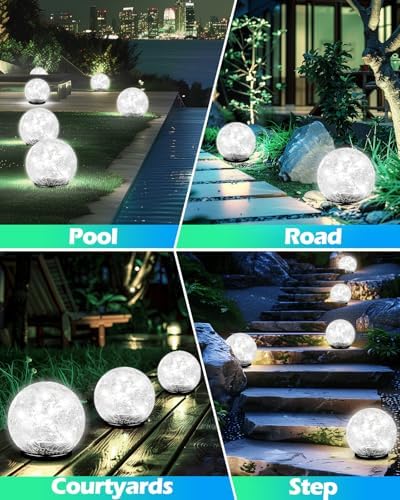 Garden Solar Ball Lights Outdoor Waterproof, 50 LED Cracked Glass Globe Power Ground for Path Yard Patio Lawn, Outdoor Decoration Landscape White 02(2 Pack 4.7'') - Image 4