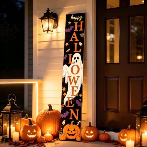 Happy Halloween Ghost Pumpkin Porch Sign 47 Inch Rustic Vertical Welcome Sign Farmhouse Wooden Front Door Standing Outdoor Indoor Halloween Decor - Image 4