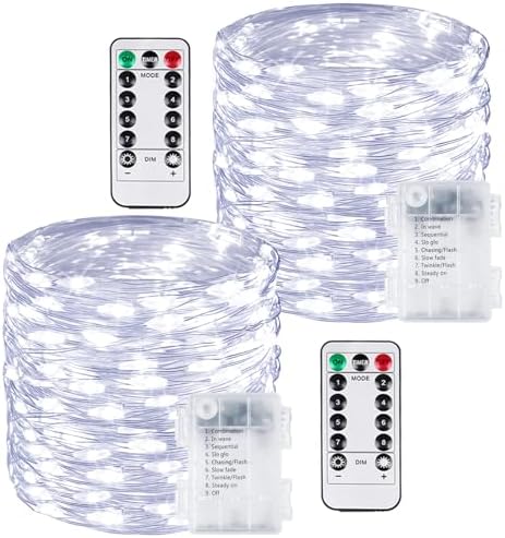 2 Pack 200 LED Fairy Lights Battery Operated with Remote, 66 FT Cool White by BOSSERN