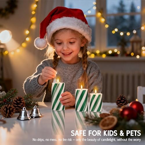 Candy Cane Stripe Flameless Candles with Remote, Wax Green Pillar Candles - Image 5