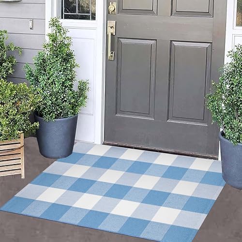 Light Blue and White Layered Doormat 24"x35",Buffalo Plaid Door Mat Outdoor - Image 5