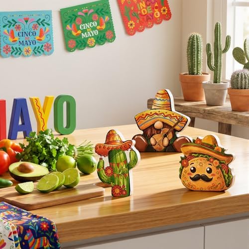Smile Cinco De Mayo Wooden Tabletop Wooden Decor Set of 3 Mexican Fiesta Figurines (Gnome, Cactus, Taco) for Tiered Tray & Party Display - Image 6