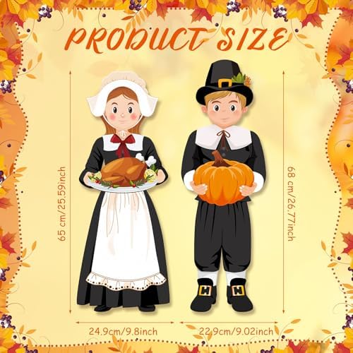 Capoda 2Pcs Thanksgiving Hanging Decor Pilgrim Boy Girl Wood Porch Sign - Image 2