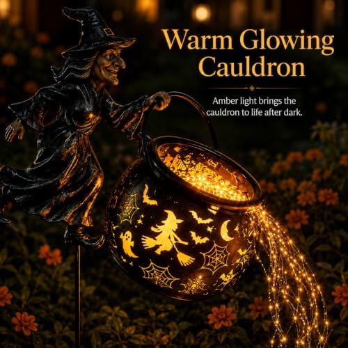 Halloween Witch Cauldron Garden Light, Outdoor Halloween Lights with Cascading Multicolor LED Waterfall and Pattern Projection, Garden Stake Decoration for Yard, Lawn, Porch and Pathway - Image 3