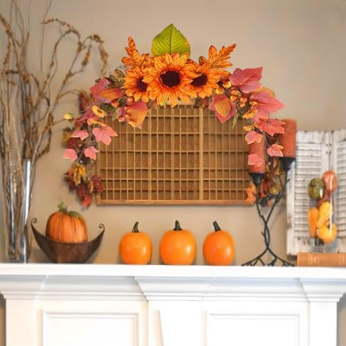 Fall Swag Artificial Flowers for Autumn Decoration Orange Artificial Sunflowers Maple Leaf Hanging Floral Swag Wedding Arch Garland Wreath for Front Door Wall Decor Halloween Thanksgiving - Image 5
