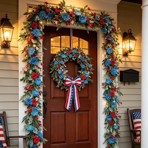 6.5 Ft Patriotic Garland Red White Blue Flowers Garland for Memorial Day Independence Day and Veterans Day 250th Anniversary Artificial Flora Decor for Fireplace Door Home Mantle Table - Image 6