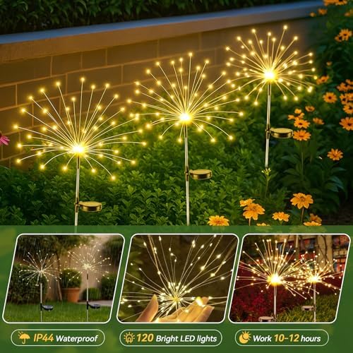 Dream Master Solar Garden Lights, 4 Pack 120 LEDs Solar Lights Outdoor Waterproof, 8 Modes Fireworks Light, Valentines Day Decorations for Yard, Pathway, Walkway, Pool, Warm White - Image 5