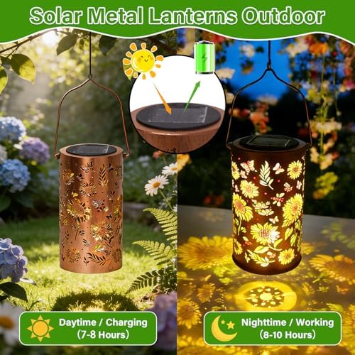 Colorful Solar Lanterns Outdoor Waterproof, Garden Decor Gifts for Women Mom Grandma - LED Colorful Sunflower Solar Powered Lights Metal Hanging Lantern for Outside Garden Patio Yard Lawn Porch Decor - Image 6