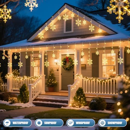 Minetom Christmas Snowflake Lights - 13ft 192LED Snowflake Icicle Lights with 16 Drops, 12 Modes and Timer, IP65 Waterproof Connectable Christmas Light for House Eave Indoor Outdoor (Warm White) - Image 3