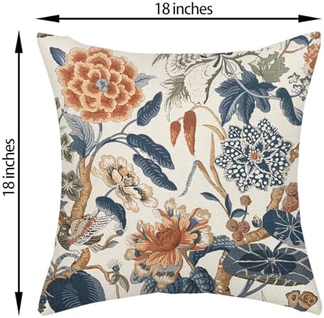 Navy Blue Orange Boho Pillow Covers 18x18 Inch 2 Pcs Chinoiserie Blue Floral Bird Decor Throw Pillows Vintage Flower Seasonal Outdoor Farmhouse Pillowcase Linen Cushion Cover for Couch Sofa - Image 6