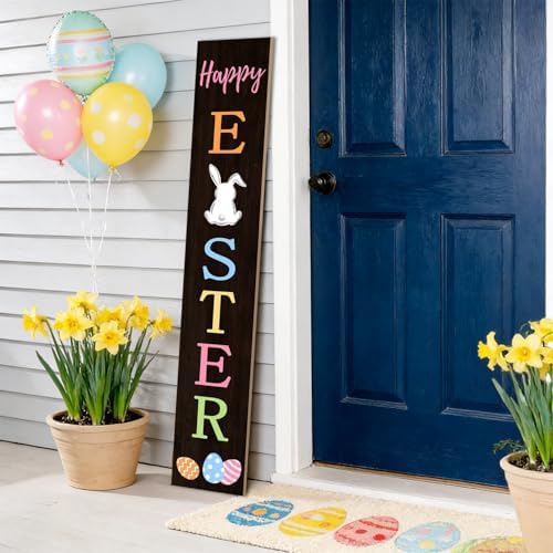 Easter Porch Sign Bunny Rabbit Welcome Sign Vertical Standing Sign For Front Porch Decor Farmhouse Wall Hanging for Patio Yard Party Indoor Outdoor Holiday Decoration 47.2"H Black - Image 6