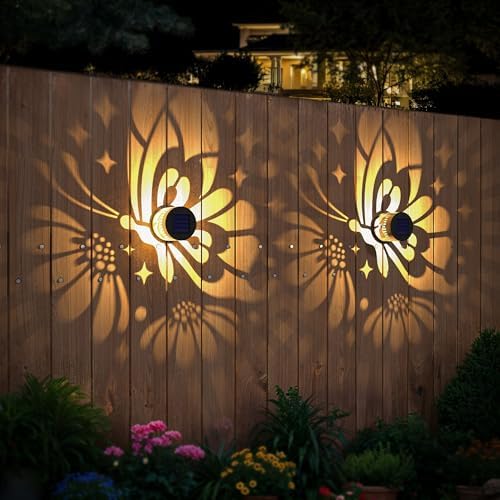 Hapjoy Solar Fence Lights 4 Pack Solar Deck Lamps Outdoor Decorations Powered Step Lights Wall Waterproof LED Warm Decorative Lighting for Garden (Butterfly-Flower, 4) - Image 2