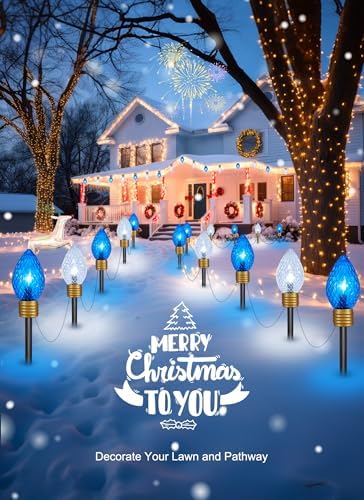 Brightown 2 Pack Jumbo Christmas Pathway Lights Outdoor - 10.5 Feet 5 LED C9 Walkway Light, Covered Jumbo Strawberry Bulb Decorations for Lawn Outside, Blue ＆ White - Image 6