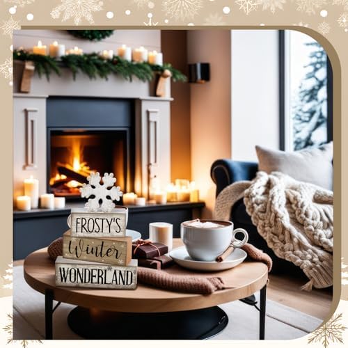 Lineshading 4 Pcs Winter Table Decorations Wooden Snowflake Decor Winter Tiered Tray Decor Rustic Snow Block Signs Gift Farmhouse Snowflake Table Centerpiece for Wonderland Party Kitchen Home - Image 6