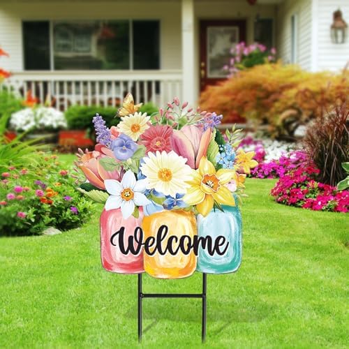 JarThenaAMCS Spring Flower Metal Garden Stakes Colorful Floral Vase Decorative Lawn Sign Welcome Yard Sign for Home Outside Lawn Porch Walkway Decor - Image 6