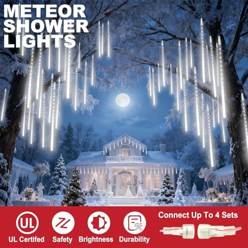 EEIEER Meteor Shower Lights Outdoor, 11.8 inches 10 Tubes 240 LED Snowfall Falling Rain Lights for Halloween Christmas Holiday Tree Home Party-White - Image 6