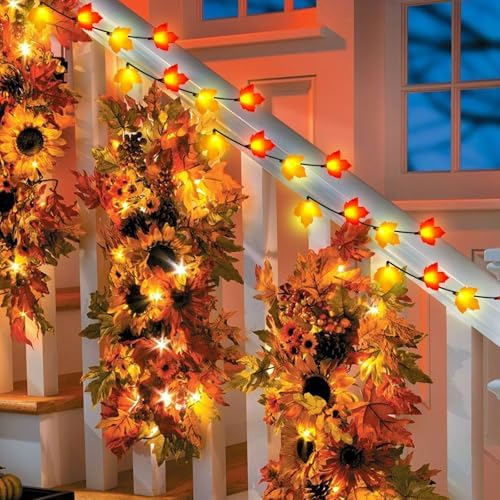 Thanksgiving Decorations Lights Outdoor, 8.5Ft 10 LED Fall Decor Orange/Yellow Maple Leaves String Lights Plug in, Hanging Halloween Maple Leaf Light String for Bedroom Thanksgiving Party Garden Patio - Image 5