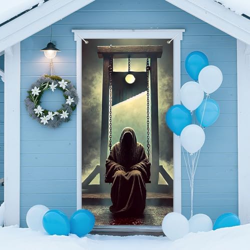 IVN Gothic Execution Door Cover 35x71 Inch Guillotine and Masked Figure Swing Bloody Scene Foggy Gallows Eerie Horror Decor for Front Porch Entryway Wall Decoration Halloween Theme by IVN