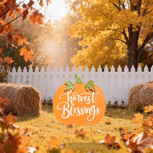 Glitzhome 24" H Fall Pumpkin Outdoor Decor, Metal Pumpkins Outdoor Decor, Fall Harvest Blessings Yard Stake Sign for Garden, Lawn, or Porch, Thanksgiving Autumn Metal Pumpkins Decoration - Image 2