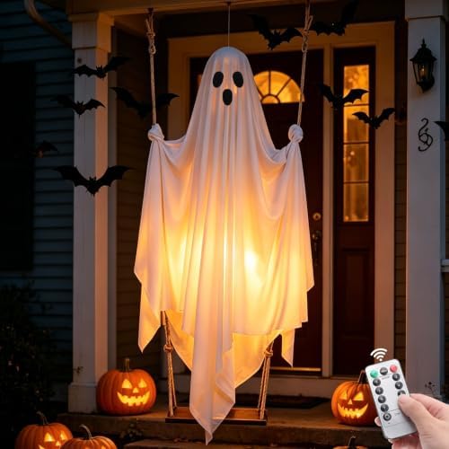 Halloween Hanging Ghost Decorations, 5FT Swing Ghost with Remote Lights by FairyGlimStringLights