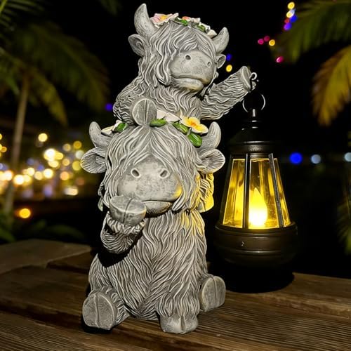 Solar Garden Outdoor Statues Lantern Figurines Light Decorations for Outdoor Patio Balcony Yard Lawn, Ideal Gifts for Mom Friends (Cement Gray- Cow) by Giyyomtr