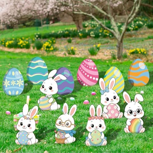 12-Piece Easter Bunny Yard Signs with Stakes Decorations – 6 Cute Rabbits & 6 Colorful Eggs 30 cm Large Outdoor Easter Lawn Signs for Garden, Driveway, Yard, and Spring Party Décor - Image 4