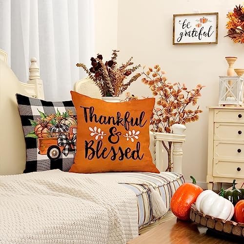 GEEORY Fall Decorative Throw Pillow Covers 16 x 16 Inch Set of 4, Pumpkins Thankful Blessed Buffalo Plaid Fall Decor Outdoor Farmhouse Pillow Cases for Home Couch (Orange Color) G337-16 - Image 3