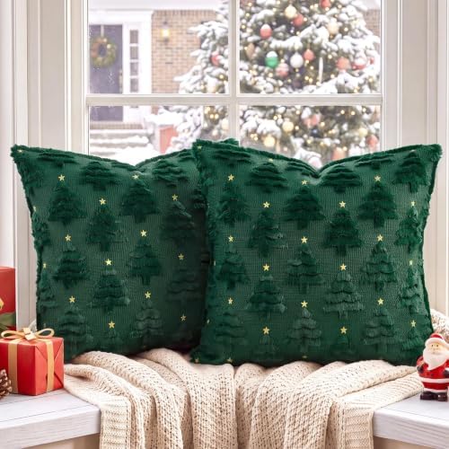 Softalker Christmas Pillow Covers 18x18 Set of 2, Green Xmas Tree Decor - Image 2