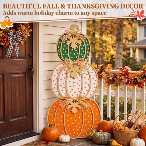 Threehoney 35 Inch Fall Stacked Pumpkins for Porch Wooden Outdoor Standing Pumpkin Decor Thanksgiving Harvest Farmhouse Sign for Yard Front Door Garden Patio Outdoor(Polka Dot,Pastoral Color) - Image 5