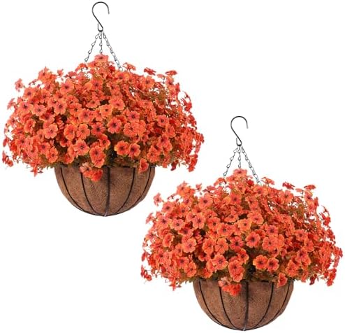 Hananona 24 Pcs Artficial Outdoor Flowers with Hanging Baskets, Orange Fall mums 2 Pack Hanging Planter with Outdoor Fall Flowers for Autumn Porch Garden and Home Patio Yard Decor (2, Orange) by HANANONA