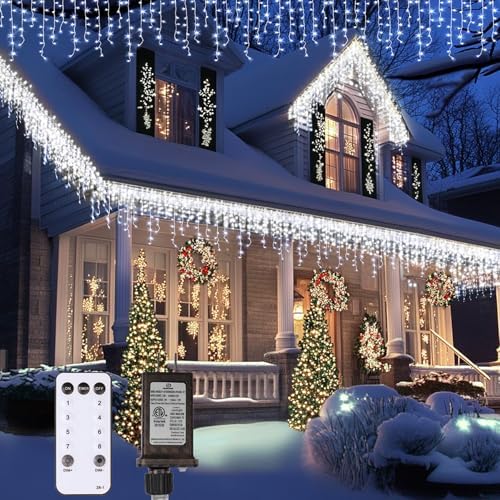 Icicle Christmas Lights Outdoor,520 LED 49.2FT 8 Modes with 80 Drops Cool White Icicle Lights,Remote Control Outdoor Indoor Fairy String Lights for Christmas Party,Holiday Decorations by TOPPORTED