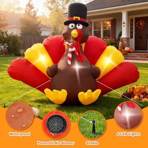 Thanksgiving Inflatables Turkey Outdoor, 5 FT Thanksgiving Blow Up Turkeys with LED Lights Built-in for Holiday, Party, Yard, Lawn, Garden, Outside - Image 4