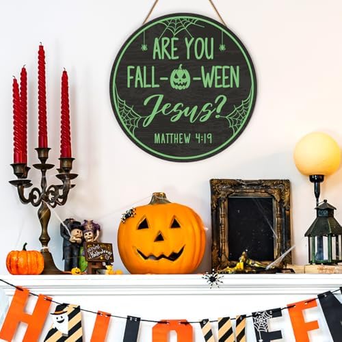 Christian Halloween Decorations Are You Fall-O-Ween Jesus Sign Halloween Pumpkin Door Sign Wooden Hanger for Front Door Porch Wall Indoor Home Office Bedroom Decor - Image 4