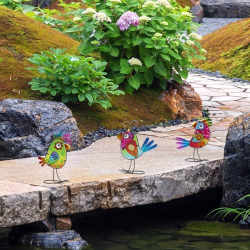 3 Pack Garden Outdoor Metal & Glass Bird Yard Art Decor, Yard Art Decoration for Porch Patio, Garden Statues Sculpture Gifts for Grandma Mom Women (Colorful) - Image 7
