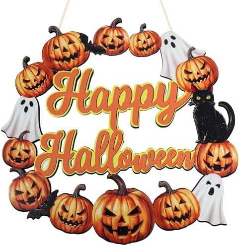 Wood Wreath for Front Door Porch Window Wall Hanging Decor (Halloween) by COCHIE