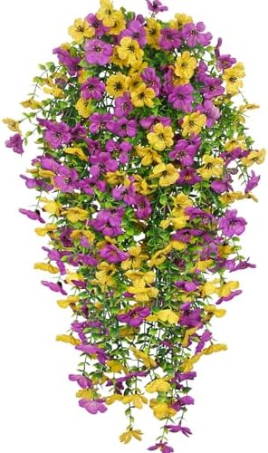 4 Pcs Artificial Hanging Flowers for Outdoors Spring Summer Faux Silk Daisy Flowers UV Resistant Fake Plants Eucalyptus Realistic for Outside Home Indoor Planter Porch Yard Decor Yellow Purple by Unknown