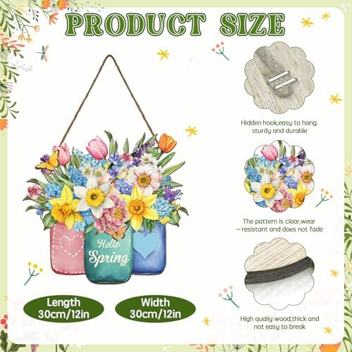 Harooni Hello Spring Summer Welcome Sign for Front Door Spring Flower with Jar Colorful Hanging Wreath 11.8"x11.8" Butterfly Floral Farmhouse Wood Sign Front Door Decor Hanging Sign for Indoor Outdoor - Image 2