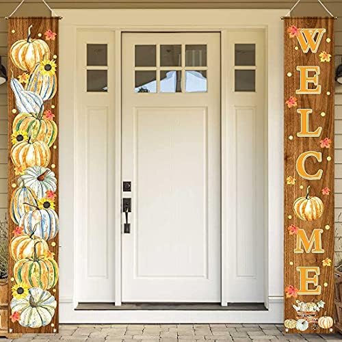 Allenjoy Welcome Fall Porch Decorations Door Hanging Banners Set Thankful Autumn Harvest Season Pumpkin Maple Leaves Rustic Brown Wood Home Wall Outdoor Indoor Polyester 11.8x70.9 Inch Yard Sign 2PCS - Image 4
