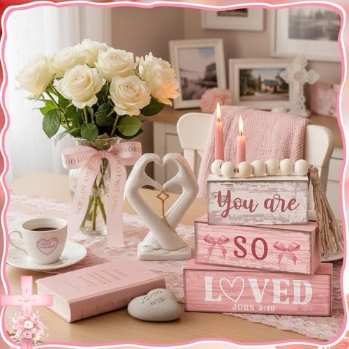 Yuntau 4 Pcs Pink Christian Table Decor Wooden Bow Decor Blocks Sign - Image 6