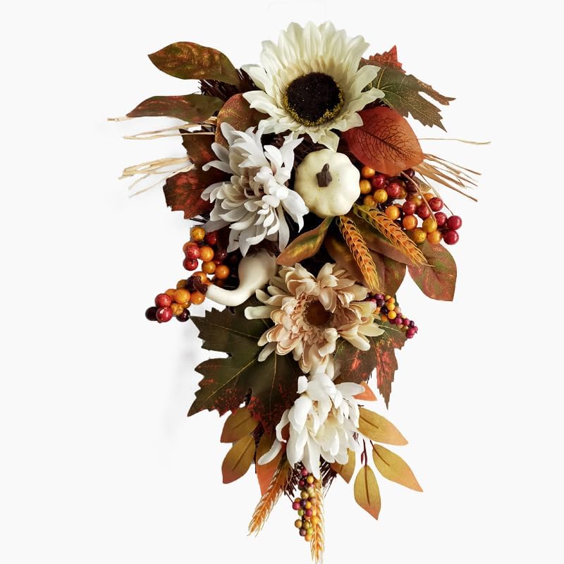 Artificial Fall Teardrop Swag Hanging Teardrop Swag Autumn Swags Fall Wreaths with Pumpkin Maple Leaves for Thanksgiving Fall Front Door Window Wall Porch Eaves Doorways Festivals Decor by MEGROCLE