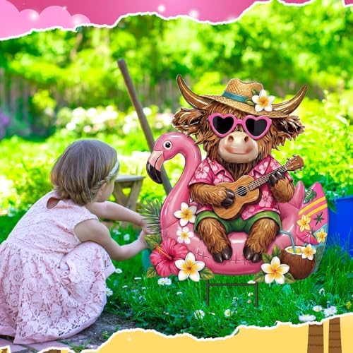 Amyhill Summer Highland Cow Outdoor Decor Metal Hawaiian Highland Cow Yard Signs with Stakes Tropical Pink Flamingo Decorative Lawn Signs for Indoor Outside Garden Pathway Walkway Holiday Party Decor - Image 6