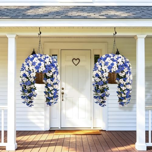 Artificial Hanging Flowers for Outdoors, 4 PCS 544 Blooms UV Resistant Morning Glory Faux Silk Vines, No-Odor Realistic Fake Plants for Garden Planter Porch Patio Decoration, White Blue - Image 7