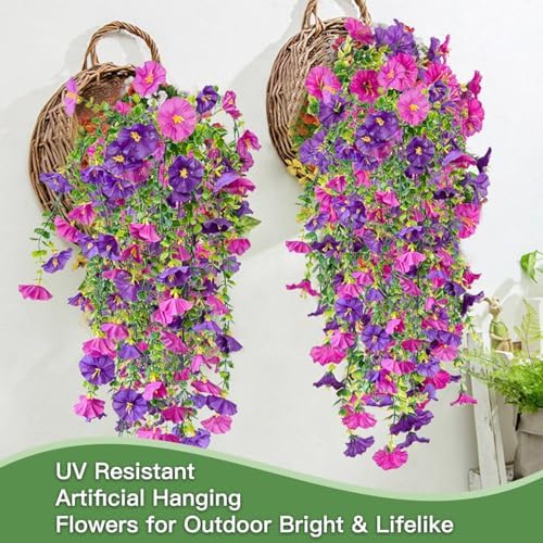 Artificial Flowers for Outdoors Fake Morning Glory Hanging Flower Decoration, 2 Pcs Realistic Faux Plants Petunias Trailing Vines, Spring Decor for Porch Patio Balcony Planter Yard(Purple+Fuchsia) - Image 4