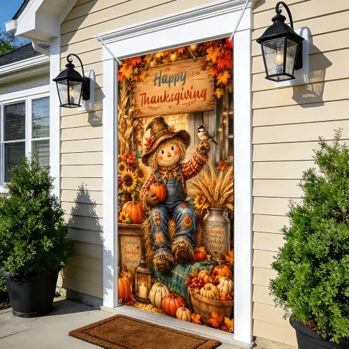 NYZE Happy Thanksgiving Scarecrow Door Cover, Fall Harvest Pumpkin Sunflower Door Banner, Autumn Maple Leaf Farmhouse Porch Decor for Thanksgiving Indoor Outdoor - Image 5