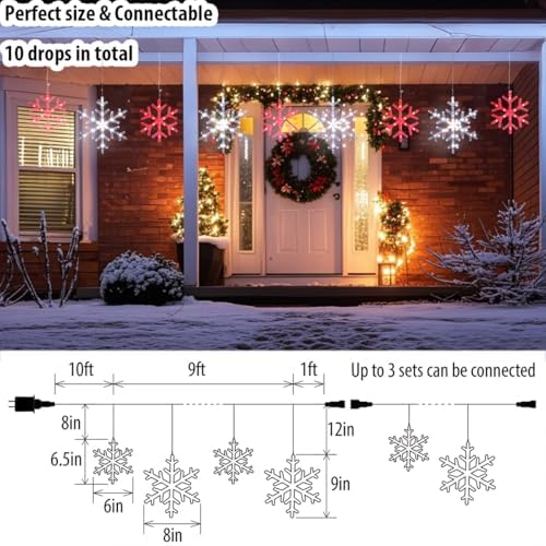 Christmas Snowflake Icicle Lights-9ft 150LED Twinkling Christmas Lights with Timer, Waterproof Connectable Hanging 10 Drop for Eave Window Porch Xmas Indoor Outdoor Decoration (Red and White) - Image 2